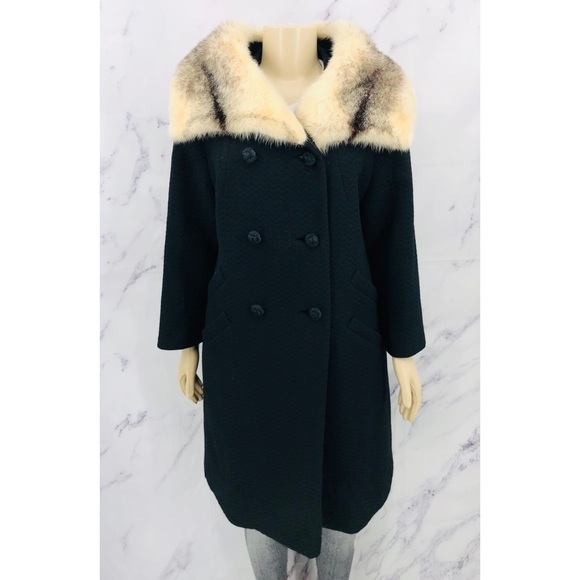 La-Blau New York Vintage Wool Double Breasted Pea Knee Length Coat Fur Collar - Picture 1 of 7